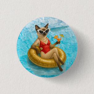 Cat in Pool Birthday Party for Siamese Cat Lovers 3 Cm Round Badge