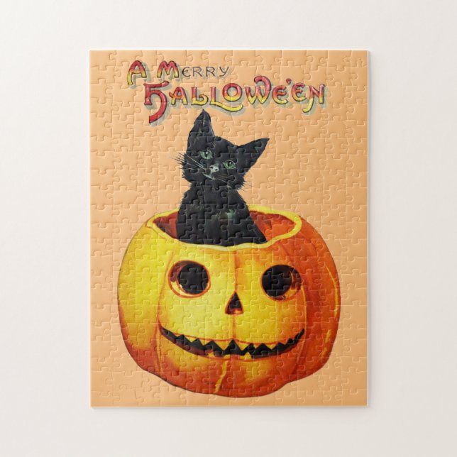 Cat In Pumpkin Halloween Chidlren's Puzzle (Vertical)
