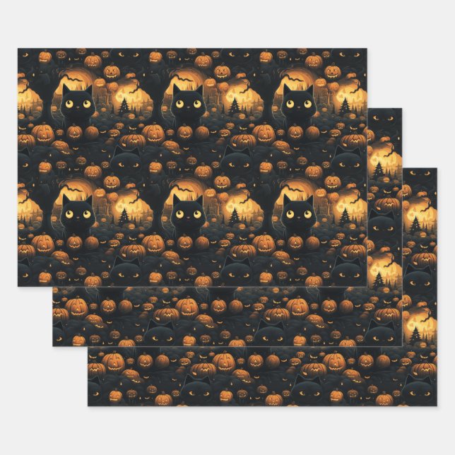Cat in Pumpkin Patch Wrapping Paper Sheet (Set)