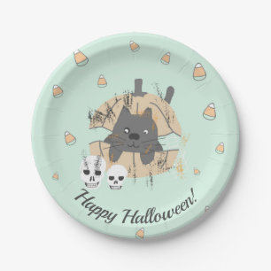 Cat in Pumpkin Skull Candy Corn Kids Halloween Paper Plate
