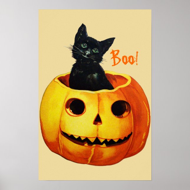 Cat in Pumpkin Vintage Halloween Poster (Front)