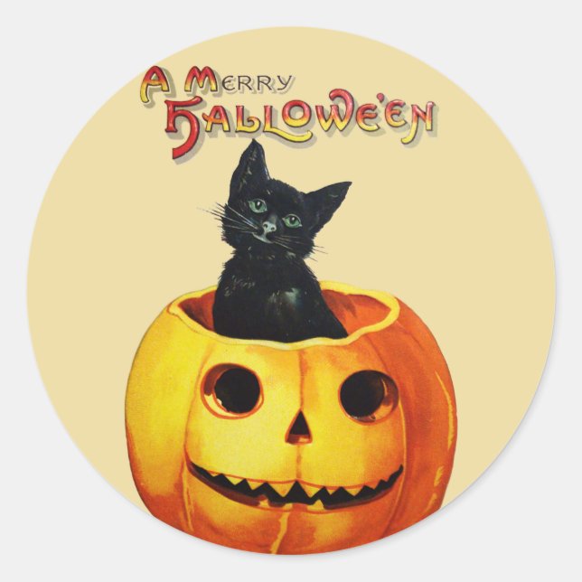 Cat in Pumpkin Vintage Halloween Stickers (Front)