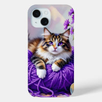 Cat in Purple Yarn and Flowers