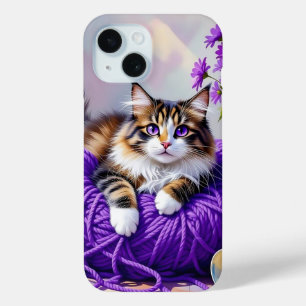 Cat  in Purple Yarn and Flowers   iPhone 15 Case