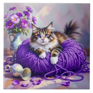Cat in Purple Yarn and Flowers Ceramic Tile