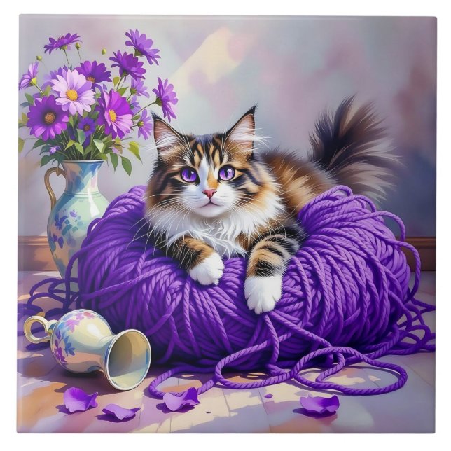 Cat  in Purple Yarn and Flowers   Ceramic Tile (Front)