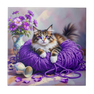 Cat in Purple Yarn and Flowers Ceramic Tile
