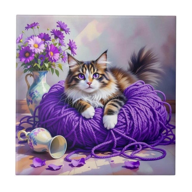 Cat  in Purple Yarn and Flowers   Ceramic Tile (Front)