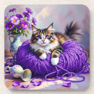 Cat in Purple Yarn and Flowers Coaster