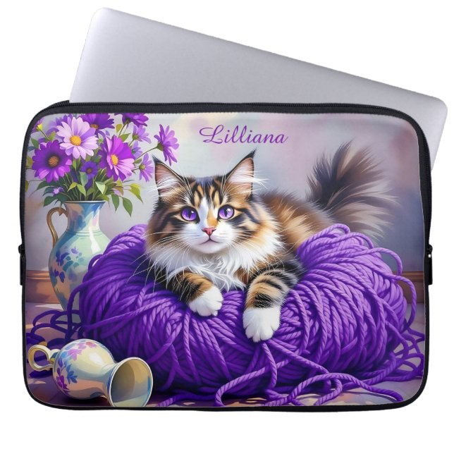 Cat  in Purple Yarn and Flowers Personalized Laptop Sleeve (Front)