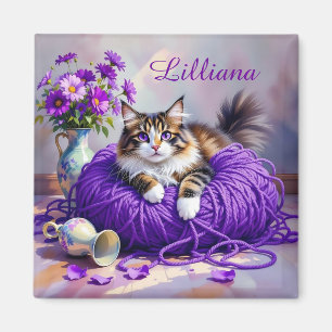 Cat in Purple Yarn and Flowers Personalized Magnet