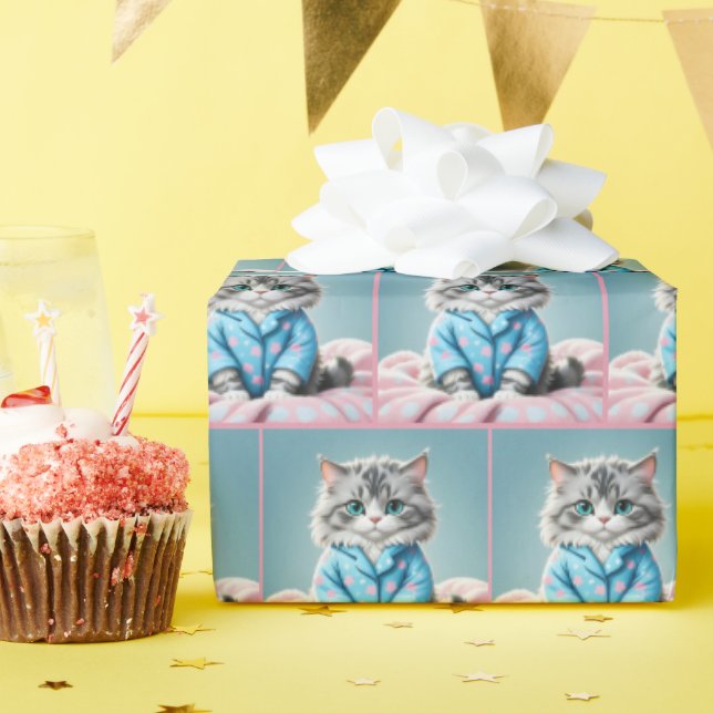 Cat In Pyjamas Wrapping Paper (Birthday Party)