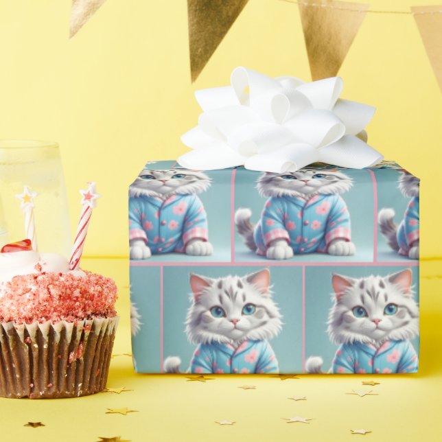 Cat In Pyjamas Wrapping Paper (Birthday Party)