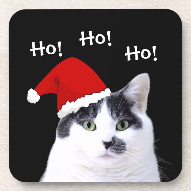 Cat in Santa Hat Christmas Coaster (Front)