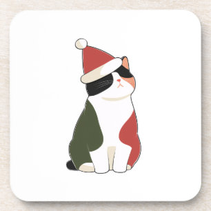 Cat in Santa Hat – Cute Holiday Illustration Coaster