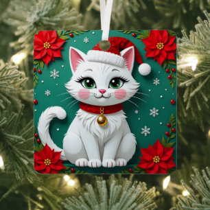Cat in Santa Hat Poinsettias Festive Christmas Metal Tree Decoration