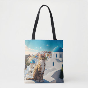 Cat in Santorini Greece Cyclades Travel Tote Bag
