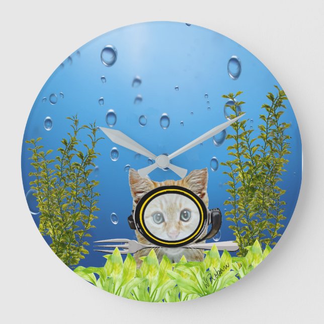 Cat In Scuba Diving Mask with Fork Underwater Large Clock (Front)