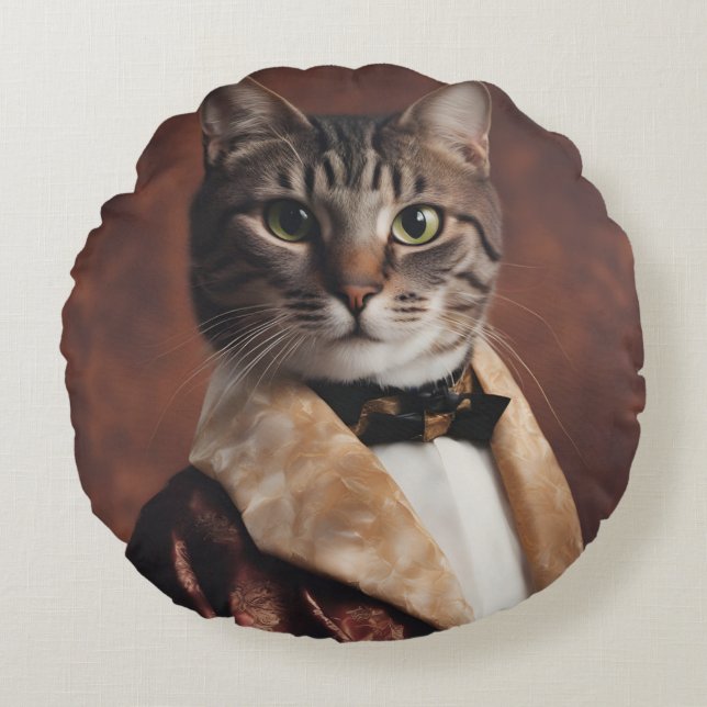 Cat in Smoking Jacket Round Cushion (Front)