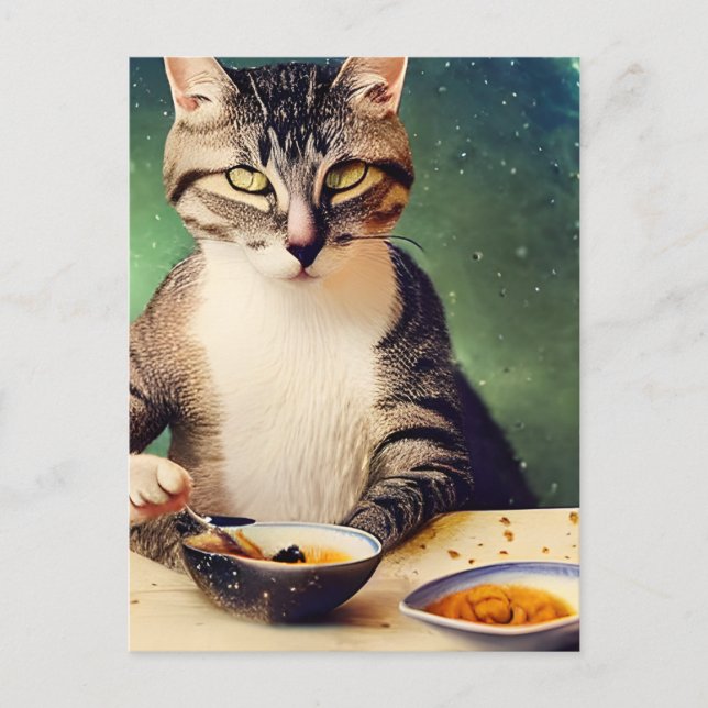 Cat in Space Eating AI Generated Art Postcard (Front)