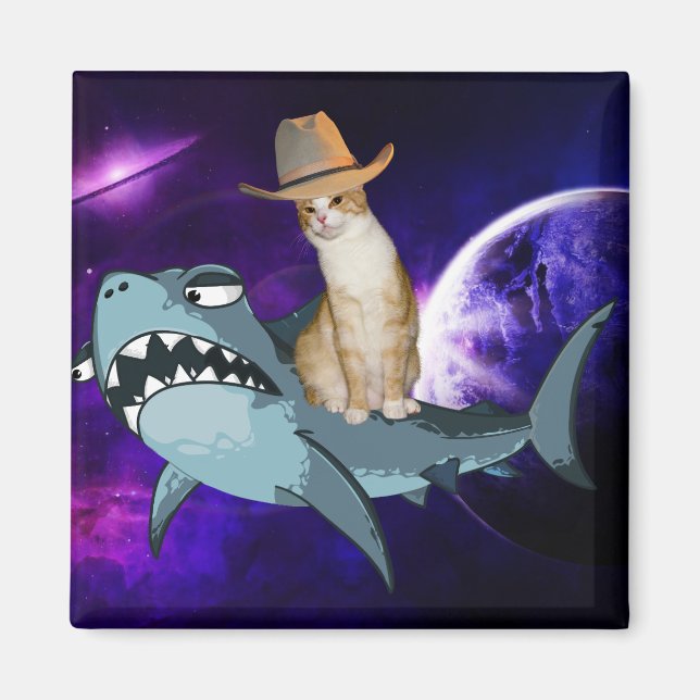 CAT IN SPACE RIDNG A SHARK MAGNET (Front)