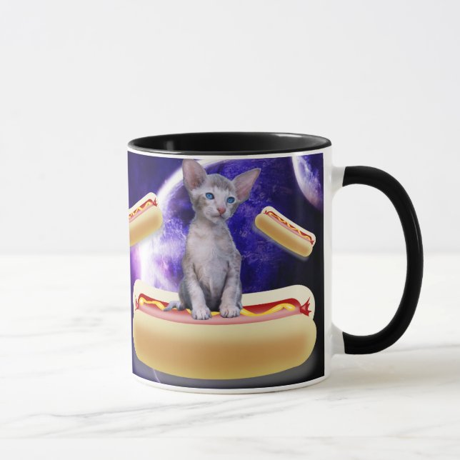 CAT IN SPACE WITH HOT DOGS funny COFFEE MUG (Right)
