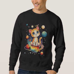 cat in space with planets in galaxies jupiter kids sweatshirt