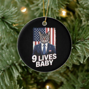 Cat in Suite with Trump Hair American Flag 9 Lives Ceramic Ornament