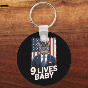 Cat in Suite with Trump Hair American Flag 9 Lives Key Ring