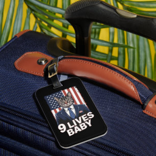 Cat in Suite with Trump Hair American Flag 9 Lives Luggage Tag