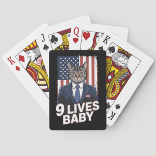 Cat in Suite with Trump Hair American Flag 9 Lives Playing Cards
