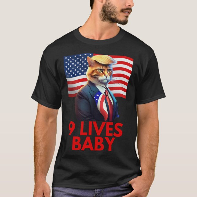 Cat In Suite With Trump Hair American Flag Nine Li T-Shirt (Front)