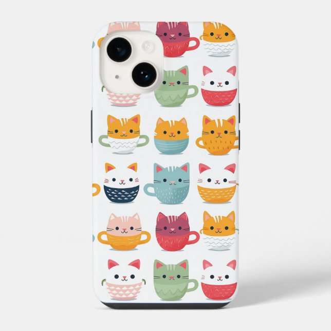 Cat in Tea Coffee Cups Cute Colourful Pattern  iPhone Case (Back)