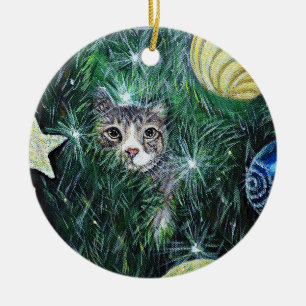 Cat in the Christmas Tree Painting Ceramic Ornament