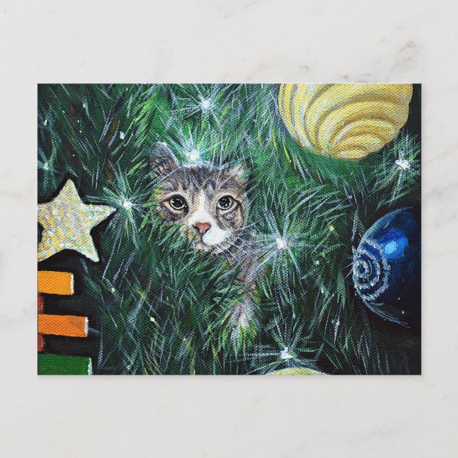 Cat in the Christmas Tree Painting Postcard (Front)