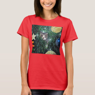 Cat in the Christmas Tree Painting T-Shirt