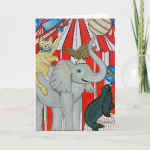 Cat in the circus with elephant and seal card