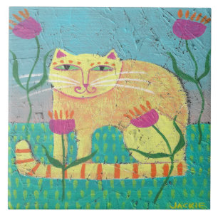 Cat in the Garden Abstract Painting Ceramic Tile