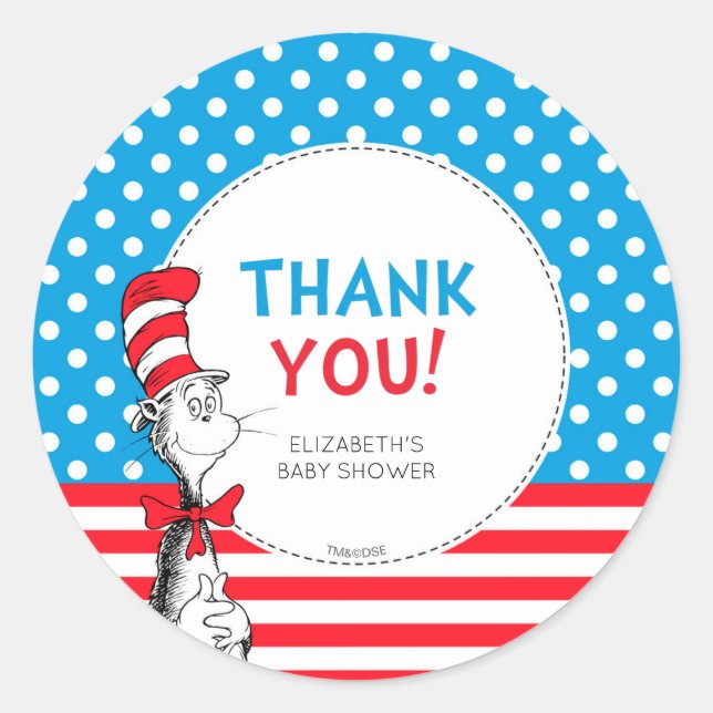 Cat in the Hat Baby Shower Thank You Classic Round Sticker (Front)