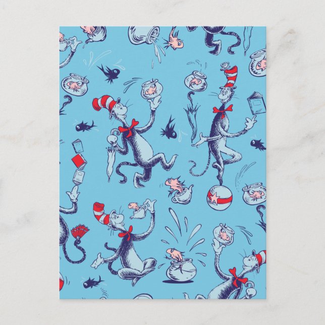Cat In The Hat | Blue Pattern Postcard (Front)