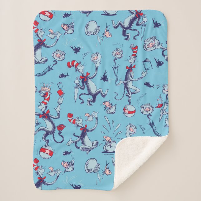 Cat In The Hat | Blue Pattern Sherpa Blanket (Front)
