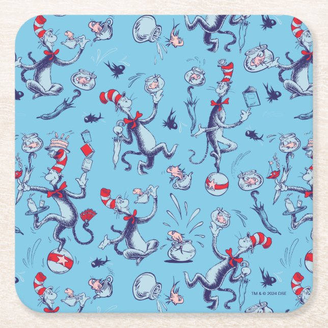 Cat In The Hat | Blue Pattern Square Paper Coaster (Front)