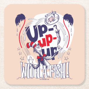 Cat In the Hat Up-Up-Up With A Fish Square Paper Coaster
