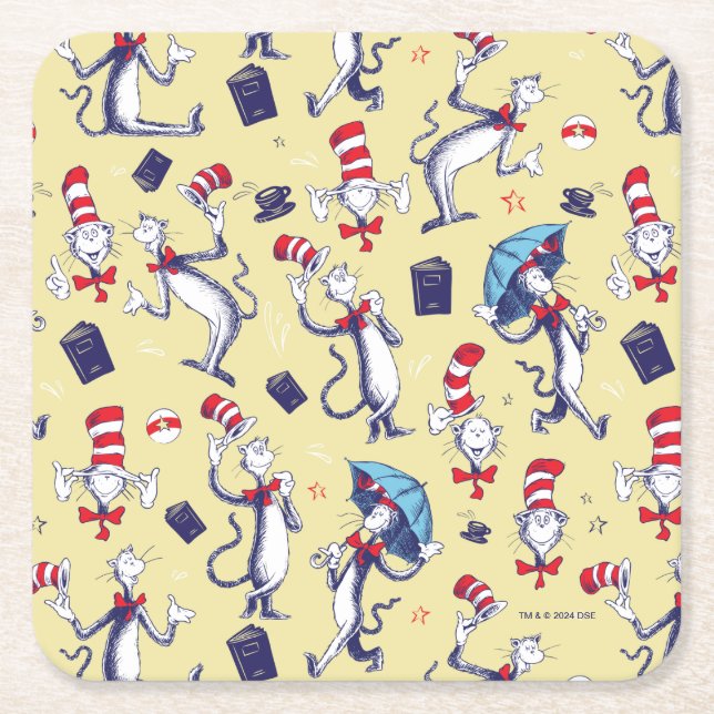 Cat In The Hat | Yellow Pattern Square Paper Coaster (Front)