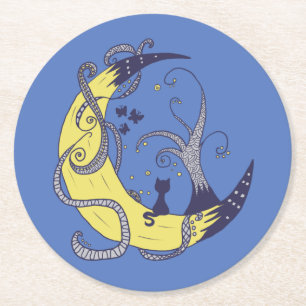 Cat in the moon round paper coaster
