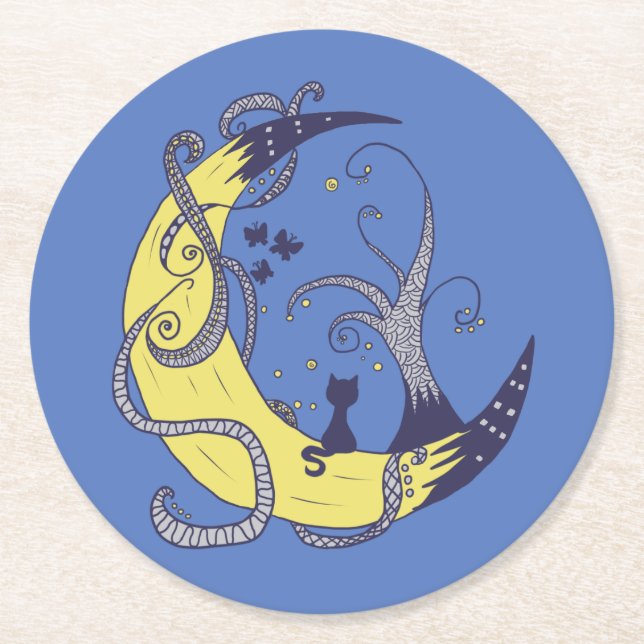 Cat in the moon  round paper coaster (Front)