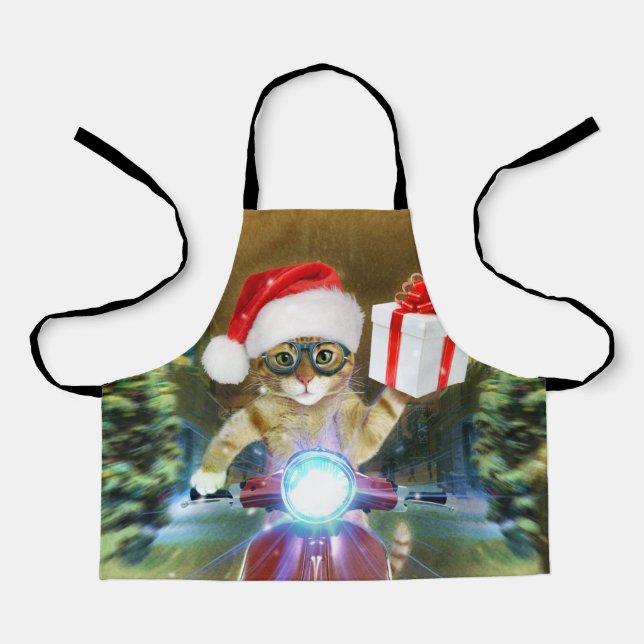 Cat in the Santa Claus hat delivers Christmas gift Apron (Front)
