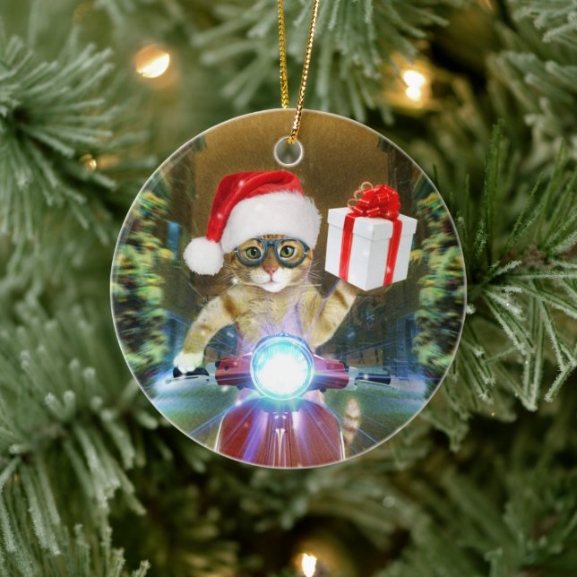Cat in the Santa Claus hat delivers Christmas gift Ceramic Ornament (Tree)