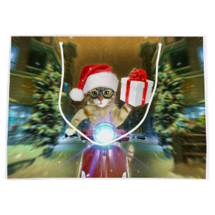 Cat in the Santa Claus hat delivers Christmas gift Large Gift Bag