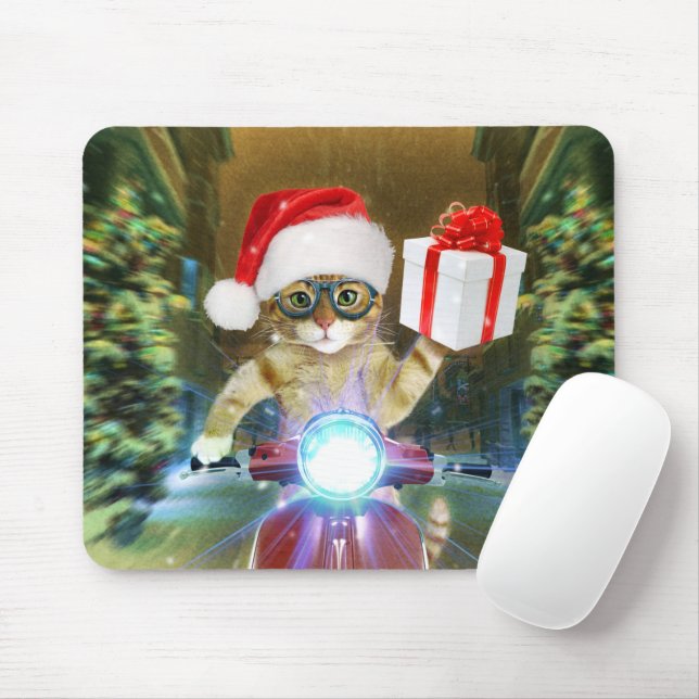 Cat in the Santa Claus hat delivers Christmas gift Mouse Pad (With Mouse)